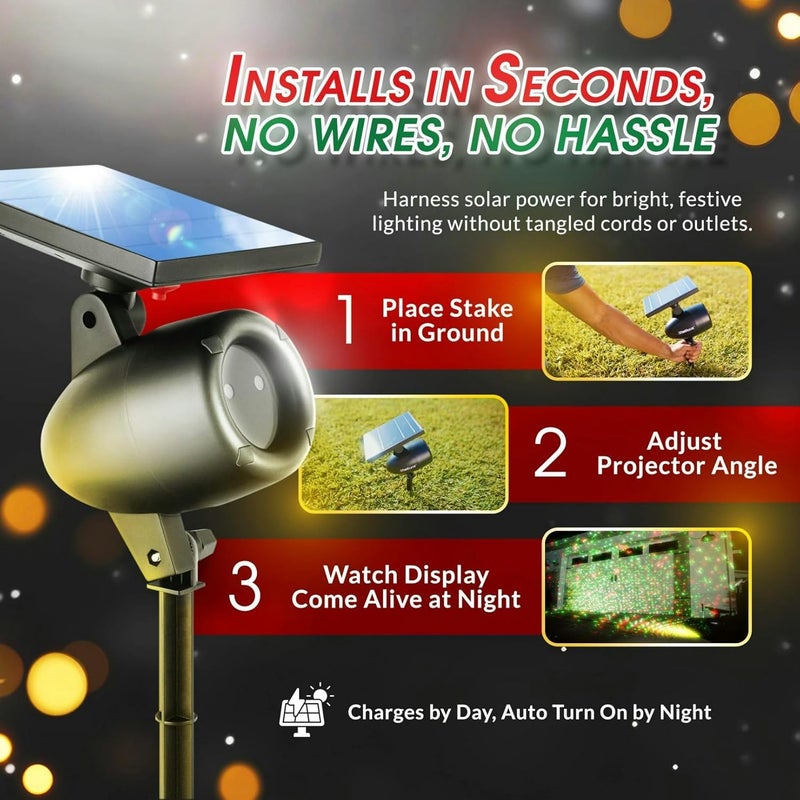 Emson STARTASTIC Solar Wireless Christmas Lights Show Projector, LED Solar Outdoor Christmas Decorations Without Wires for Easy Installation, Auto-On, Remote Control, Waterproof, 5 Modes, for House, Party - Image 2